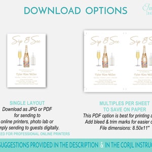 May include: Download options for a printable baby shower invitation with a watercolor illustration of a champagne bottle, glasses, and a baby bottle. The invitation says "Sip & See" and includes the name "Tyler Alex Miller".