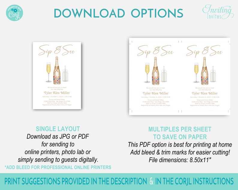 May include: Download options for a printable baby shower invitation with a watercolor illustration of a champagne bottle, glasses, and a baby bottle. The invitation says "Sip & See" and includes the name "Tyler Alex Miller".