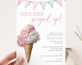 She's Been Scooped Up Bridal Shower Invitation, Spring Summer Ice Cream Invite, Pastel Floral Flowers, Here's the Scoop Brunch, TEMPLATE 374