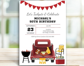 May include: A birthday party invitation with a tailgate theme. The invitation features a red pickup truck, a grill, and a cooler. The text reads "Let's Tailgate & Celebrate MICHAEL'S 50TH BIRTHDAY" with date and time details.