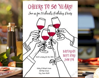 Wine Birthday Party Invite, Cheers to 50 Years Invitation,  Wine Theme | TEMPLATE 620
