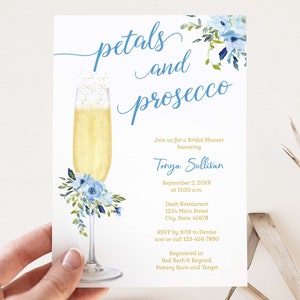 Petals and Prosecco Bridal Shower Invitation, Champagne Bridal Shower theme, Wedding Shower, blue floral | PRINTABLE EDITABLE TEMPLATE | 158