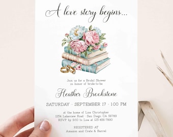 Book Themed  Bridal Shower Invitation, A Love Story Begins Invite, Storybook, New Chapter Book Lover Bride TEMPLATE 501