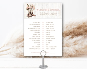 Would She Rather bridal shower game, matches Pink Cowboy Boots invitation, rustic western country cowgirl, farm, boho, EDITABLE TEMPLATE 220
