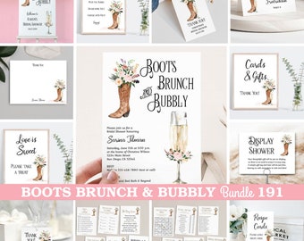 BLUSH Cowboy Boots Brunch and Bubbly Bridal Shower Invitation bundle set, Rustic Western Champagne Cowgirl Country Farm theme TEMPLATE 191