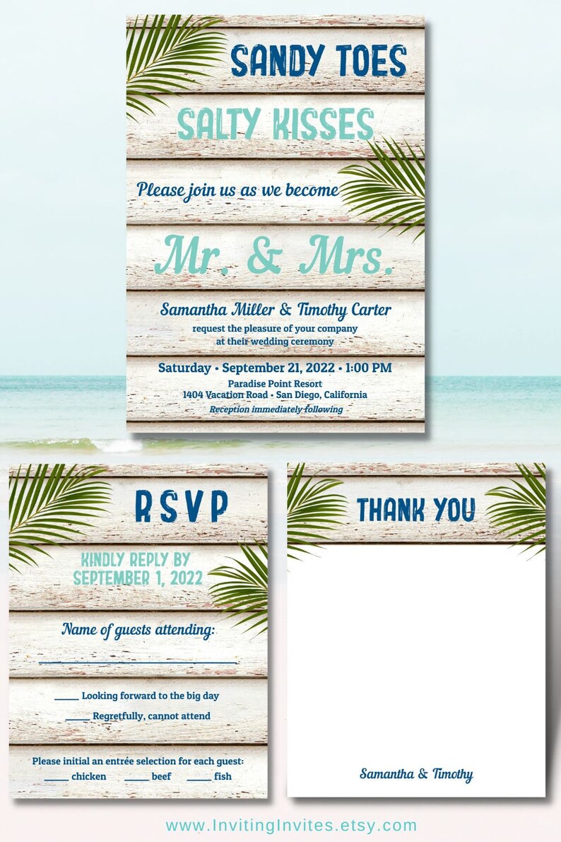 Sandy Toes Salty Kisses Beach Wedding Invitation, Tropical Wedding Invite, Palm Tree, Destination Wedding,Hawaii, Mexico, TEMPLATE 210 image 2