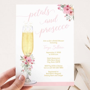 Petals and Prosecco Bridal Shower Invitation, Champagne Bridal Shower theme, Wedding Shower, pink floral | PRINTABLE EDITABLE TEMPLATE | 138