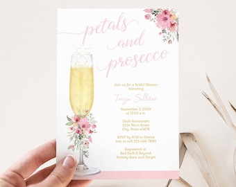 Petals and Prosecco Bridal Shower Invitation, Champagne Bridal Shower theme, Wedding Shower, pink floral | PRINTABLE EDITABLE TEMPLATE | 138