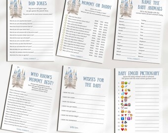 May include: A set of printable baby shower games featuring a blue and white castle design. The games include "Dad Jokes", "Mommy or Daddy", "Who Knows Mommy Best", "Name the Baby Animals", "Wishes for the Baby", and "Baby Emoji Pictionary".