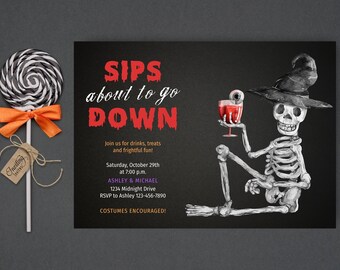 May include: Halloween invitation with a skeleton illustration holding a cocktail, wearing a witch hat, and the text "SIPS about to go DOWN." A black and white swirled lollipop with an orange bow and a tag that says "Thrilling Invites" is also shown.