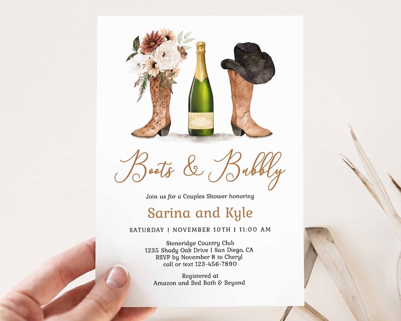 Cowboy Boots and Bubbly Couples Shower Invitation country western bridal shower invite rustic boho wedding shower terracotta