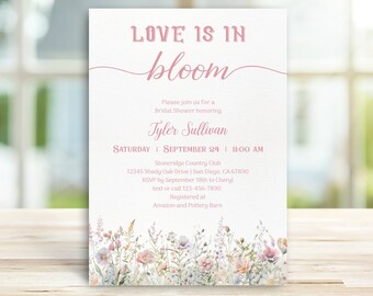 Love is in Bloom Bridal Shower Invitation, boho wildflower invite,  pastel spring wild flowers floral, Bridal Brunch  | TEMPLATE 238