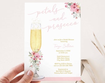 Petals and Prosecco Bridal Shower Invitation, Champagne Bridal Shower theme, Wedding Shower, pink floral | PRINTABLE EDITABLE TEMPLATE | 138