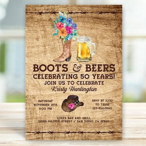 Fiesta Cowgirl Boots and Beer Rustic Birthday Party Invitation, Cowboy Boot Western, Country, Farm, 30th, 40th, 50th, 60th, TEMPLATE 167