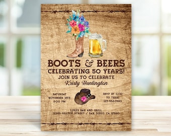 Fiesta Cowgirl Boots and Beer Rustic Birthday Party Invitation, Cowboy Boot Western, Country, Farm, 30th, 40th, 50th, 60th, TEMPLATE 167
