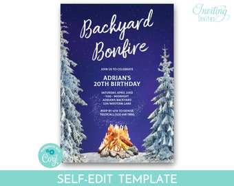 Bonfire Birthday Invitation Template, Campfire Party Invite, Rustic Outdoor Camping BBQ Birthday for adult or child, DOWNLOAD PRINTABLE
