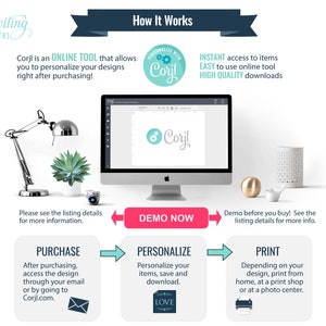 May include: A diagram showing the steps to personalize and print digital designs using the Corjl online tool. The steps are: purchase, personalize, and print. The diagram includes a computer screen showing the Corjl logo and a demo button.