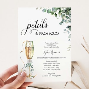 Petals and Prosecco Bridal Shower Invitation Template, Eucalyptus Greenery Champagne Brunch and bubbly theme, Wedding Shower | PRINTABLE 314