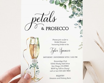 Petals and Prosecco Bridal Shower Invitation Template, Eucalyptus Greenery Champagne Brunch and bubbly theme, Wedding Shower | PRINTABLE 314