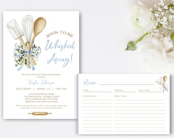 Blue Whisked Away Bridal Shower Invitation with recipe card, Stock the Kitchen Invite, baking kichen bridal shower theme TEMPLATE 244
