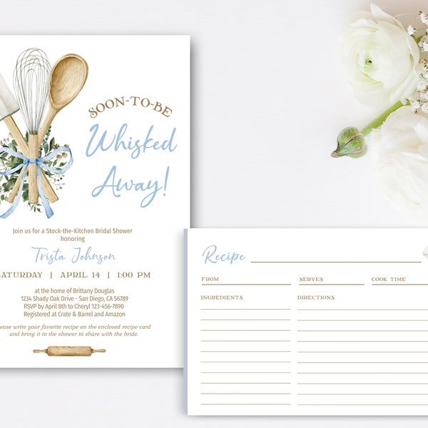 Blue Whisked Away Bridal Shower Invitation with recipe card, Stock the Kitchen Invite, baking kichen bridal shower theme TEMPLATE 244