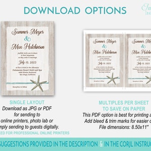 May include: A digital download for a wedding invitation featuring a rustic wood background with a blue and brown starfish design. The text on the invitation reads "Summer Meyer & Max Hutchinson" and "July 10, 2023".