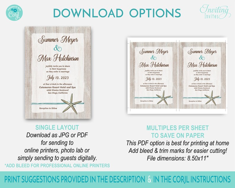 May include: A digital download for a wedding invitation featuring a rustic wood background with a blue and brown starfish design. The text on the invitation reads "Summer Meyer & Max Hutchinson" and "July 10, 2023".