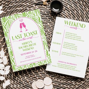 Last Toast on the Coast Bachelorette Invite Itinerary, Tropical Beach Bachelorette Weekend 30a Girls Weekend Itinerary Schedule TEMPLATE 327