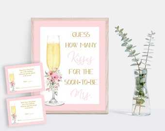 How Many Kisses Sign and Card bridal shower game, Petals and Prosecco, champagne glass, pink florals, INSTANT DOWNLOAD 138
