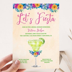 Let's Fiesta Bridal Shower Invitation, Margarita Fiesta Invite, colorful flowers, Mexican theme wedding shower | TEMPLATE 197