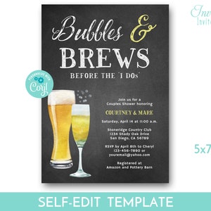 May include: A black chalkboard-style invitation with the text "Bubbles & Brews Before the I Dos." It features watercolor illustrations of a beer and champagne glass. The invitation is for a couples shower honoring Courtney & Mark.
