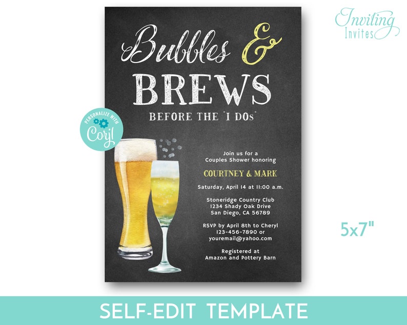 May include: A black chalkboard-style invitation with the text "Bubbles & Brews Before the I Dos." It features watercolor illustrations of a beer and champagne glass. The invitation is for a couples shower honoring Courtney & Mark.
