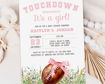 May include: A pink and white baby shower invitation featuring a football and flowers. The invitation reads "Touchdown It's a girl!" and includes the date, time, and location of the shower. RSVP details are also provided.