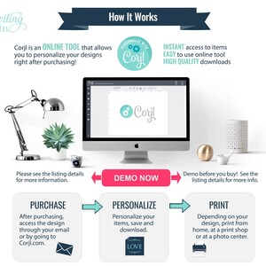May include: An infographic showing the process of using an online design tool. The steps include purchasing, personalizing, and printing designs. Text includes "Inviting Invites", "Corjl", and "Demo Now". A computer monitor and decorative items are also visible.