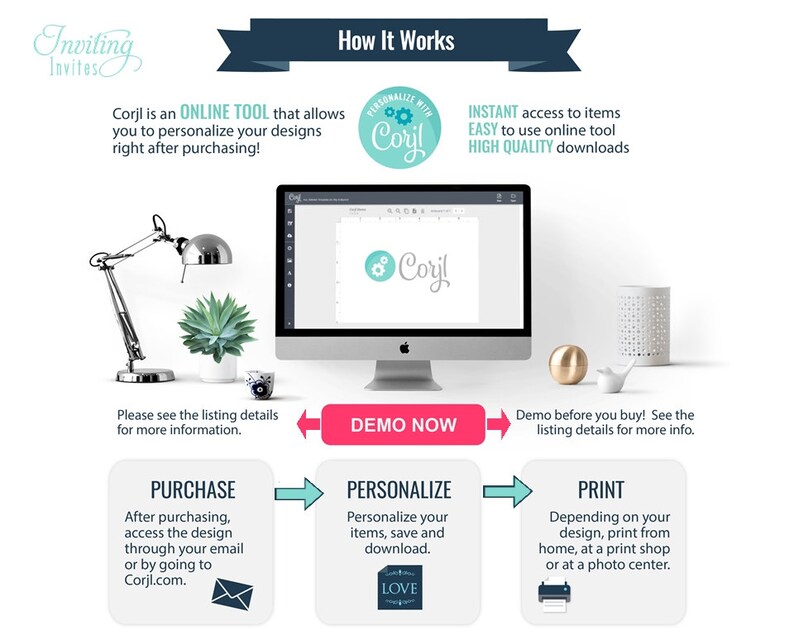 May include: An infographic showing the process of using an online design tool. The steps include purchasing, personalizing, and printing designs. Text includes "Inviting Invites", "Corjl", and "Demo Now". A computer monitor and decorative items are also visible.