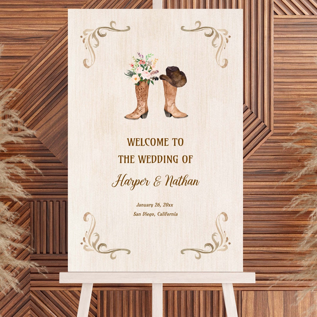 BLUSH Floral Cowboy Boots Welcome Sign, Western Wedding, Bridal Shower ...