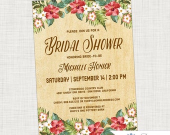 Tropical Bridal Shower Invitation, Vintage, Rustic, Hibiscus, Palm Leaves, Hawaiian, Destination Invite | Printed or Printable