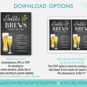 May include: A black and white invitation design for a couples shower, featuring the text "Bubbles & Brews" and illustrations of beer and champagne glasses. Includes details for Courtney & Mark, with download options.