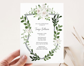 Elegant Bridal Shower Invitation, White Floral Greenery Crest, Wedding Shower Invite | TEMPLATE 200