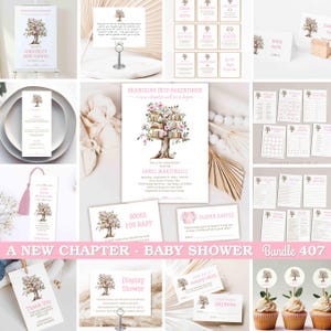 A New Chapter Will Soon Begin Book Baby Shower Bundle Set Invitation card, Library Storybook theme invite pink books shelf tree TEMPLATE 407