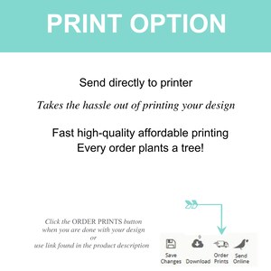 May include: A white graphic with the text "PRINT OPTION" in large teal letters. The text below describes printing services, including "Send directly to printer" and "Fast high-quality affordable printing." Icons for saving, downloading, ordering prints, and sending online are also shown.