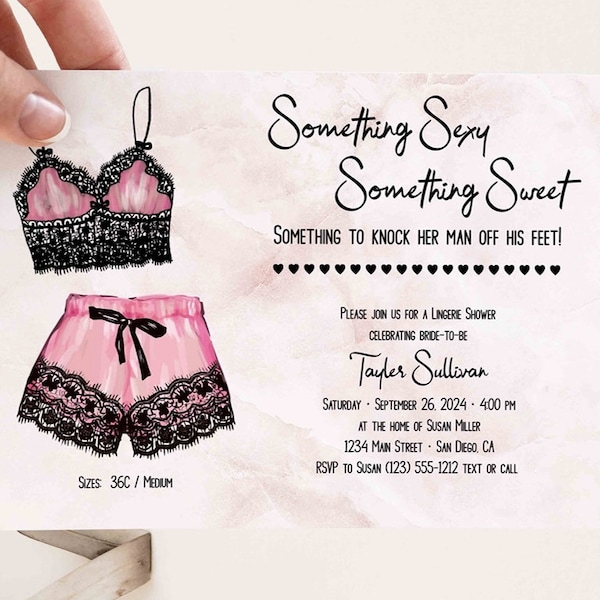 Lingerie Bridal Shower Invitation, Bachelorette Party Invite, something sexy something sweet , bra panties | EDITABLE PRINTABLE TEMPLATE