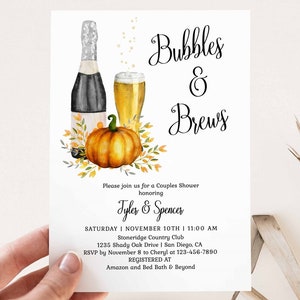 Bubbles and Brews Couples Shower Invitation, pumpkin bridal shower template for Fall Shower, co-ed wedding shower invite | TEMPLATE 145