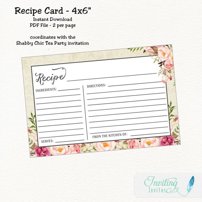 boho Shabby Chic Floral Recipe Card Bridal Shower flower Instant Download shabby chic