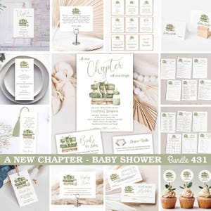 A New Chapter Will Soon Begin Book Baby Shower Bundle Set, Invitation card, Library Storybook theme invite, sage green netural TEMPLATE 431