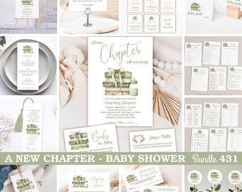 May include: A baby shower invitation with a green and white colour scheme. The invitation features a stack of books with a green ribbon and a baby bottle. The text on the invitation reads "A new chapter will soon begin" and "Join us for a Baby Shower Honoring Courtney Simpson".