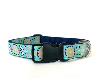 Blue Zinnia Flowered Dog Collar