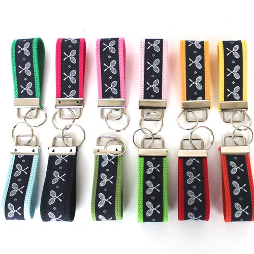 Set of 3 Mini Tennis Racquet Ribbon Key Fobs | Cotton Webbing Key Rings