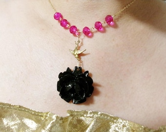 Statement Necklace Black Necklace Flower Necklace Hot Pink Necklace Bridesmaid Jewelry Bridesmaid Gift Wedding Jewelry Bridal Jewelry Gift