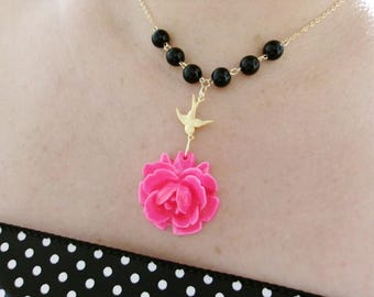 Statement Necklace Hot Pink Flower Necklace Black Necklace Bridesmaid Jewelry Bridesmaid Gift Vintage Style Necklace Bird Necklace Gift